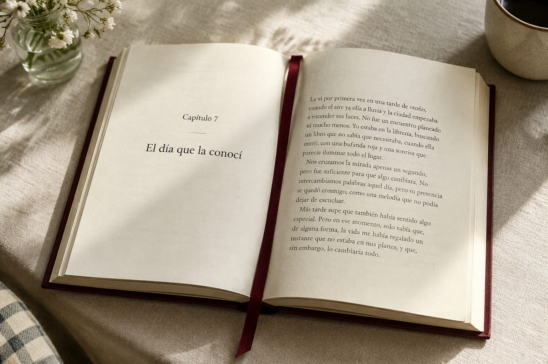 Libro abierto por el capítulo «El día que la conocí», con una cinta burdeos sobre las páginas.