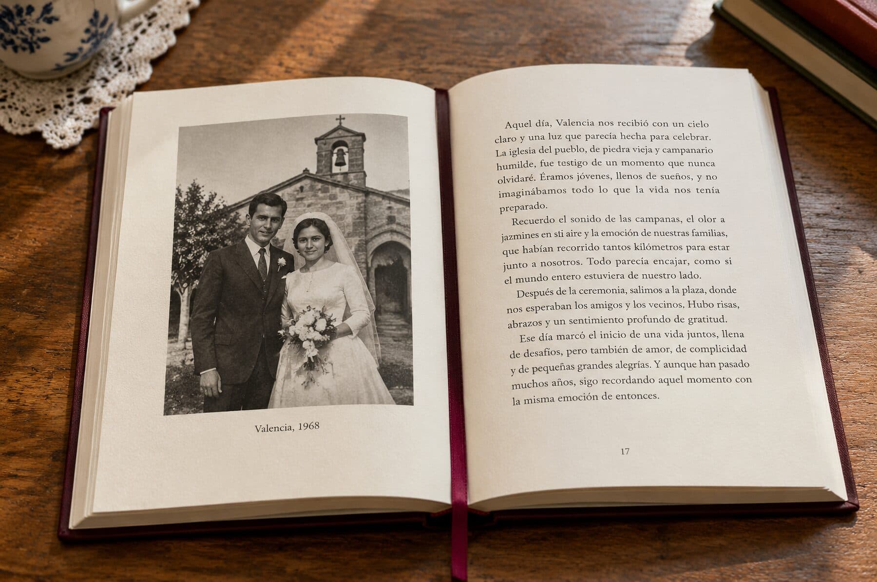 Página del libro con una fotografía de boda en blanco y negro de 1968 y su pie de foto.