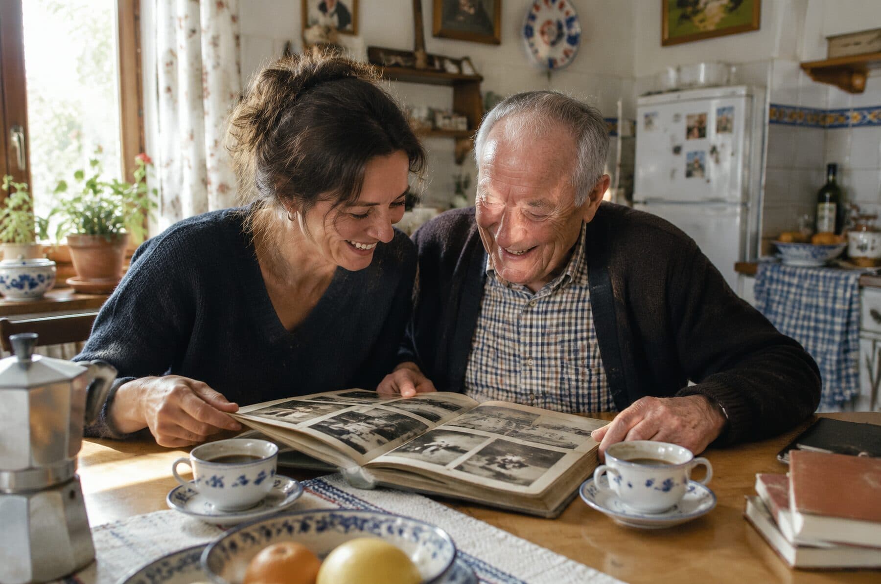 Una hija y su padre ríen en la mesa de la cocina mientras miran un álbum de fotos antiguo.