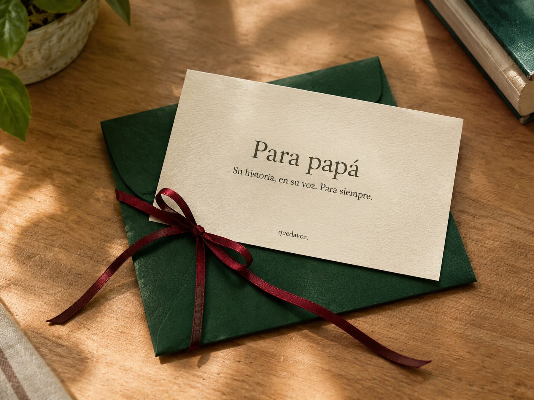 Tarjeta-regalo crema con el texto «Para papá» saliendo de un sobre verde atado con una cinta burdeos.