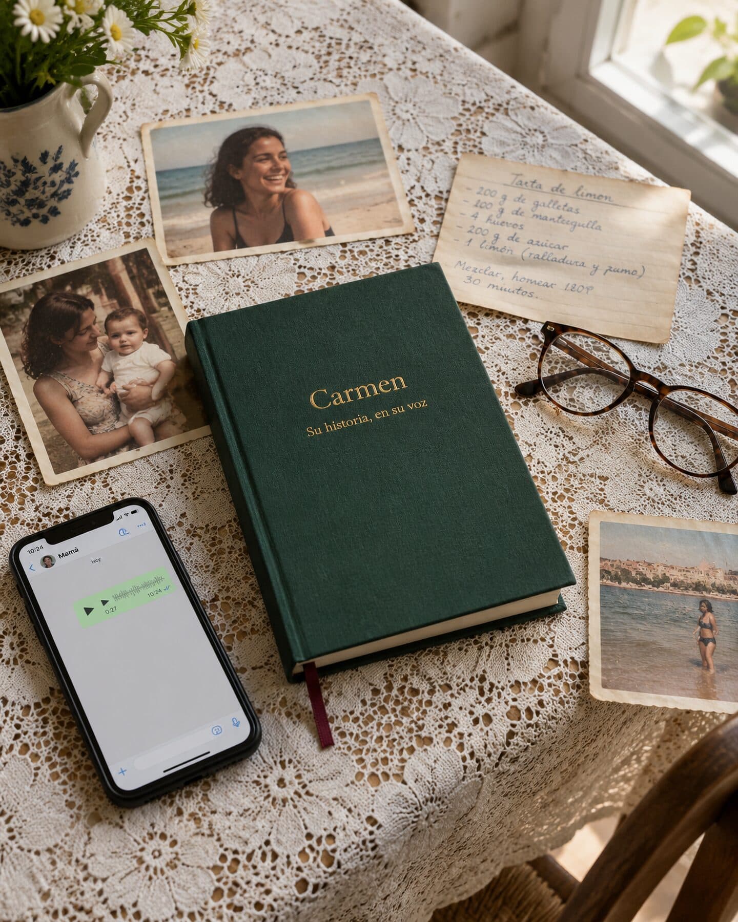 Un libro de tapa dura verde titulado «Carmen» sobre una mesa con mantel de encaje, junto a fotografías antiguas, una receta escrita a mano y un móvil con una nota de voz.